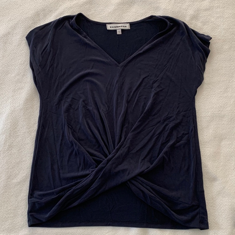 V-neck, short sleeve draped blouse